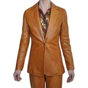 Pre-Owned Cache Single Button Front Genuine Leather Jacket British Tan/Brown 2